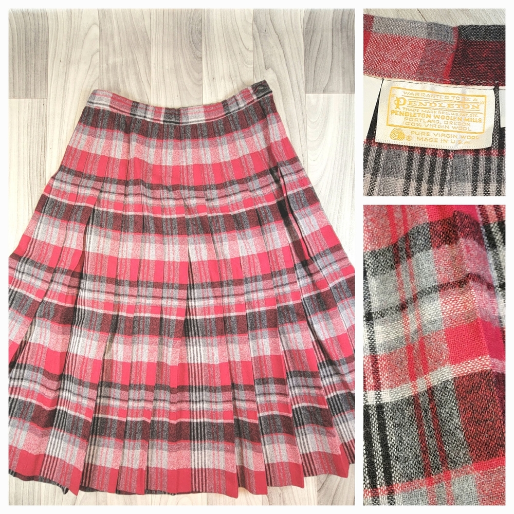 Pendleton Wool Skirt Size 10 26"W Red and Gray Plaid Pleated A-Line Midi VTG